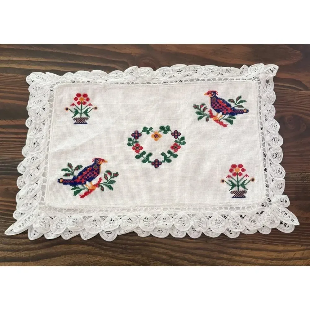 Vintage MCM Handmade CROSS STITCH Placemats Set Of 6 Folk Art Birds 3760/21